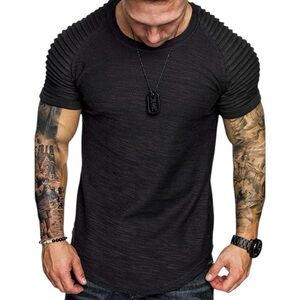COOFANDY Black Tee T-Shirt Raglan Pleated Sleeves